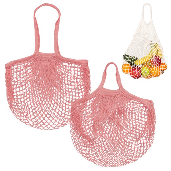 Uxcell 2-Pack Cotton Mesh Bag, Reusable Washable Net Grocery Bags for Shopping [Pink-Gray, Long&Short Handle]