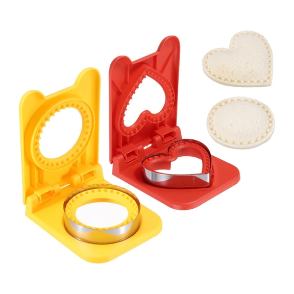 Uxcell 2 Pack Crustless Sandwich Cutter, Heart/Round Shape Uncrustable Sandwich Maker Sealer Press Bread Cookie Cutter and Sealer for DIY Breakfast Lunch Afternoon Tea (Red/Yellow)