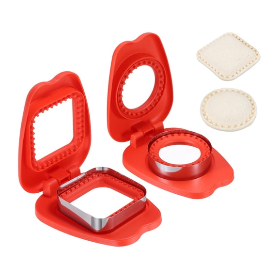 Uxcell 2 Pack Crustless Sandwich Cutter, Round/Square Apple Uncrustable Sandwich Maker Sealer Press Bread Cookie Cutter and Sealer for DIY Breakfast Lunch Afternoon Tea (Red)