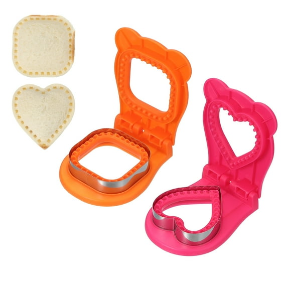 Uxcell 2 Pack Crustless Sandwich Cutter, Square/Heart Shape Uncrustable Sandwich Maker Sealer Press Bread Cookie Cutter and Sealer for DIY Breakfast Lunch Afternoon Tea (Orange/Rose Red)