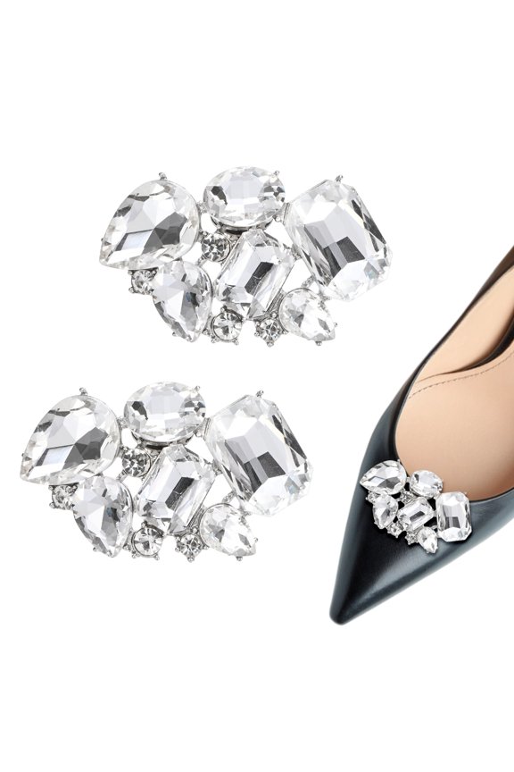 2-Pack Decorative Rhinestone Shoe Clips, Zinc Alloy Removable Fashion Crystal Flower Shoe Clips Buckle [Silver Tone]