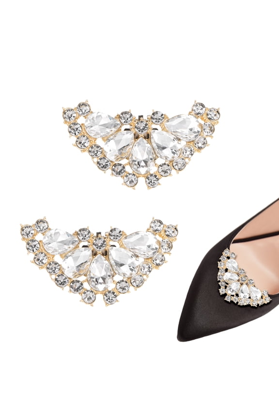 2-Pack Decorative Rhinestone Shoe Clips, Zinc Alloy Removable Fashion Elegant Crystal Flower Shoe Clips Buckle [Gold Tone]