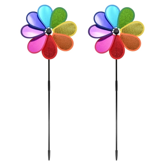 Uxcell 2-Pack Flower Wind Spinner Sparkly Lawn Pinwheels, 28.3 Inch Plastic Reflective Pinwheels [Multicolor]