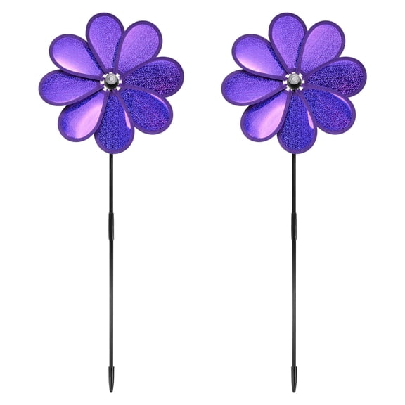 Uxcell 2-Pack Flower Wind Spinner Sparkly Lawn Pinwheels, 28.3 Inch Plastic Reflective Pinwheels [Purple]