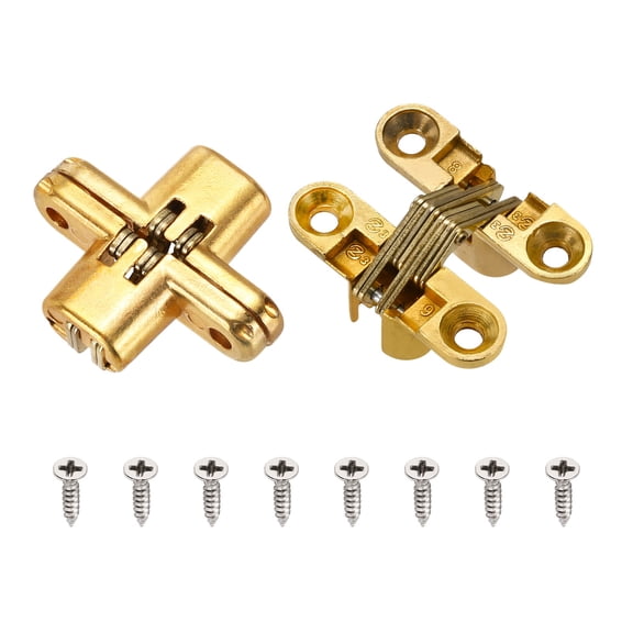 Uxcell 2 Pack Hidden Cabinet Door Hinges, 1.65" x 0.45" 180 Degree Cross Concealed Hinge for Wooden Box Invisible Door, Gold