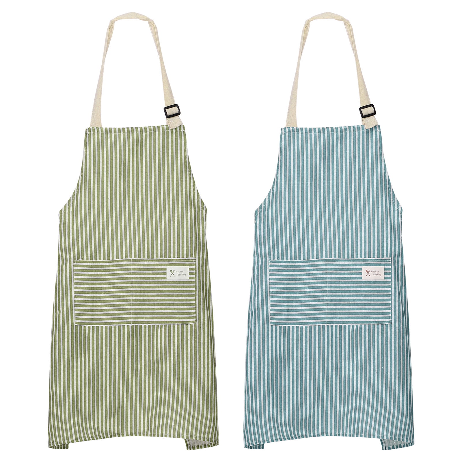 2 Pack Kitchen Cooking Aprons 75x68cm Adjustable Bib Waterproof Chef Apron with 2 Pockets, Green/Blue Stripes