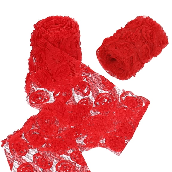 Uxcell 2 Pack Lace Trim Ribbon, 2.36 inch - 1 Yard 3D Rose Floral Embroidery Ribbons Edge Trimming for Sewing, Wedding Dress, DIY Crafts, Decoration Accessories, Light Red