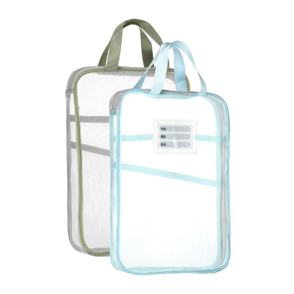 Uxcell 2 Pack Mesh Zipper Pouch, 12.4x9.3" Transparent File Bag Pouch Multi-layer A4 Size Document Bag Organizer with Handle and Support Rod for Office Home Educational, Green, Blue