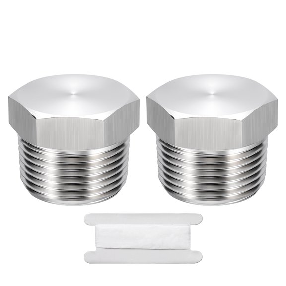 Uxcell 2 Pack Outer Hex Head Socket Pipe Plug Fitting, 1" NPT Male Threaded End Cap, 304 Stainless Steel Outer Hex Thread Pipe Fittings W/Tape for Water Pump, Engine, Industrial Piping