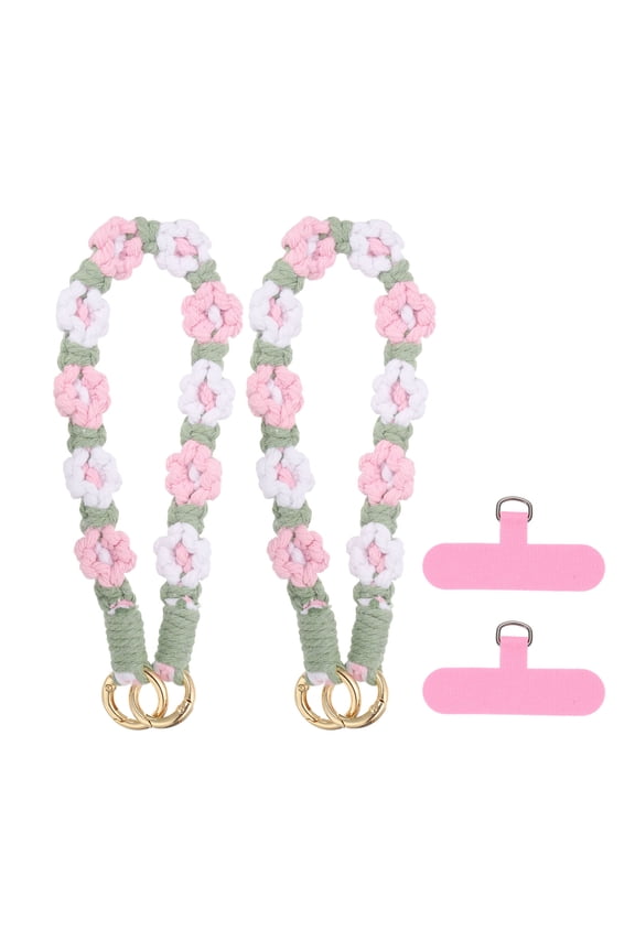 2 Pack Phone Wrist Strap, Braided Flower Cell Phone Lanyard Charm, Hand-free Keychain Wristlet Strap with Tether Tab for Women, Pink/White/Green