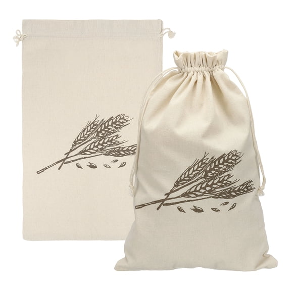 Uxcell 2 Pack Reusable Bread Bags, 17.7 x 11.8" Drawstring Linen Bread Storage with Liner for Homemade Sourdough Beeswax Food Drawstring Closure, Wheat Print