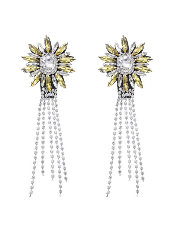 2 Pack Rhinestone Crystal Applique, 11 x 4cm Crystal Fringe Shoulder Epaulette Tassel Chain Sewing Applique Patches for Party Dresses Clothes Shoes DIY Craft, Golden Yellow