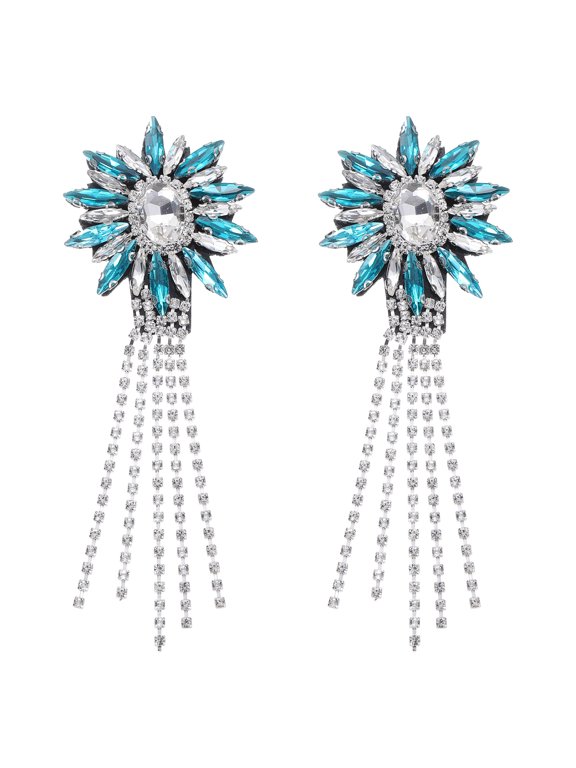 2 Pack Rhinestone Crystal Applique, 11 x 4cm Crystal Fringe Shoulder Epaulette Tassel Chain Sewing Applique Patches for Party Dresses Clothes Shoes DIY Craft, Lake Blue