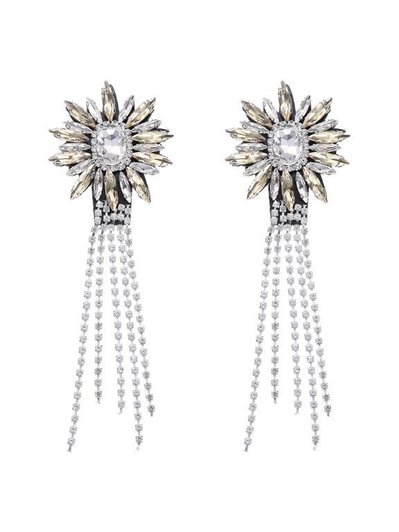 2 Pack Rhinestone Crystal Applique, 11 x 4cm Crystal Fringe Shoulder Epaulette Tassel Chain Sewing Applique Patches for Party Dresses Clothes Shoes DIY Craft, Light Brown