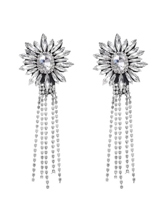 2 Pack Rhinestone Crystal Applique, 11 x 4cm Crystal Fringe Shoulder Epaulette Tassel Chain Sewing Applique Patches for Party Dresses Clothes Shoes DIY Craft, White