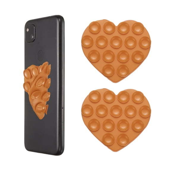 Uxcell 2 Pack Suction Phone Case, 2.83"x2.68" Heart Shaped Silicone Suction Phone Grip Double-Sided Suction Cup Phone Case Sticky Phone Grip for Cellphone Selfie and Video, Brown