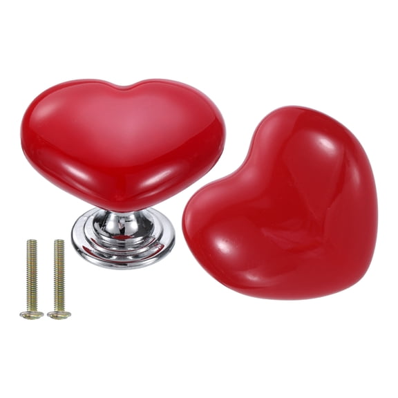Uxcell 2 Packs Ceramic Drawer Knobs Heart-Shaped Dresser Pulls Handles, Red/Silver