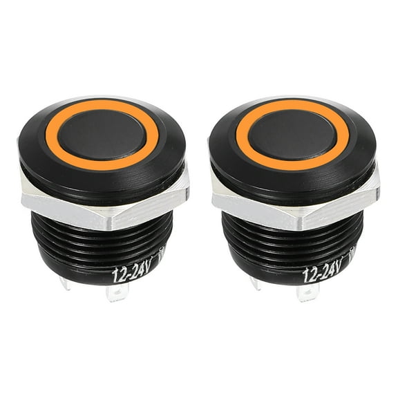 Uxcell 2 Pcs 1/2 Inch Aluminium Alloy Momentary Push Button Switch 4Pin 1NO 3A 12-24V Black Flat Button