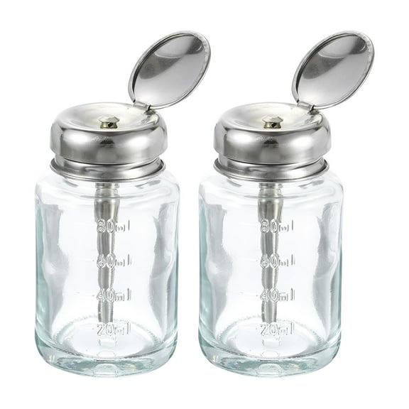 Uxcell 2 Pcs 2.7Oz / 80ML Glass Pump Dispenser Bottle Square Liquid Pumping Press Push Down Alcohol Container with Metal Flip Cover