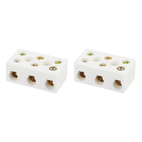 Uxcell 2 Pcs 3 Way Ceramics Terminal Blocks, 30A 110V-600V High Temp Porcelain Ceramic Electrical Connectors with Brass Conductors 46x27x19 mm for Electric Wire Cable