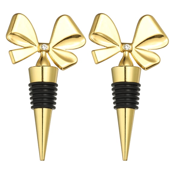 Uxcell 2 Pcs Bow Wine Stopper, Reusable Wine Stoppers Airtight Leak-proof Bottle Plugs Liquor Saver Beer Beverage Glass Bottles Stopper for Bar Holiday Party Home Decor, Gold