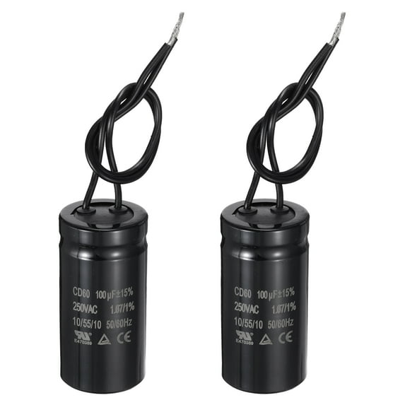 Uxcell 2 Pcs CD60 Run Capacitor, 100uF 250VAC 50/60Hz 2 Black Wires CD60 Motor Starting Capacitor for Washing Machine, Air Compressor, Refrigerator, Black