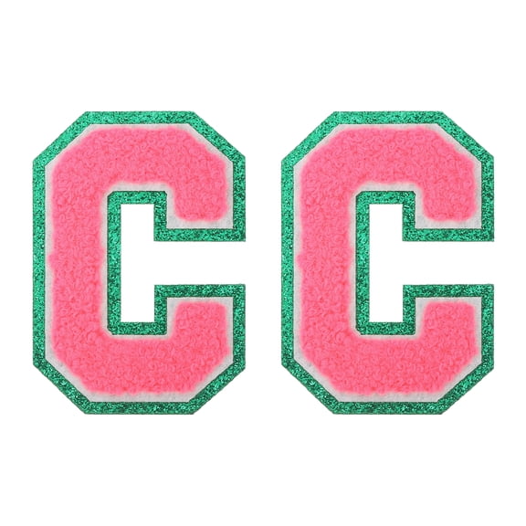 Uxcell 2 Pcs Chenille Letter Patches, 3.1" Sew on Letter C Iron on Patches Green Glitter Edged Alphabet Embroidered Appliques for Clothes Bags Hats DIY Supplies, Rose Red