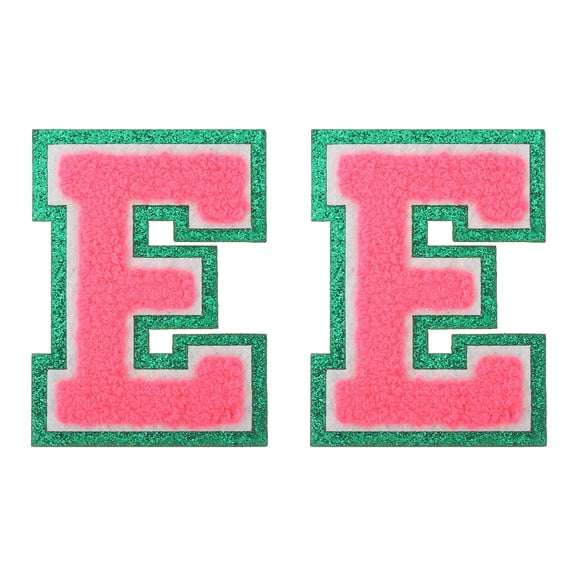 Uxcell 2 Pcs Chenille Letter Patches, 3.1" Sew on Letter E Iron on Patches Green Glitter Edged Alphabet Embroidered Appliques for Clothes Bags Hats DIY Supplies, Rose Red