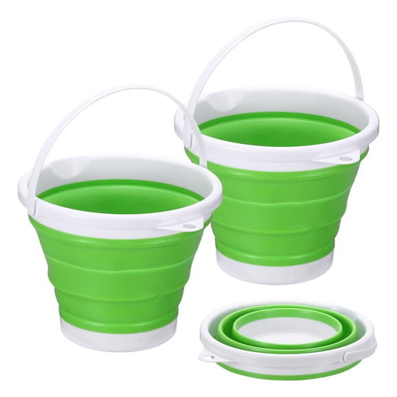 Uxcell 2 Pcs Collapsible Bucket, 1.3 Gallon (5L) Small Foldable Bucket, Portable Water Pail Round Tub with Handle for RV Camping Household Car, Green