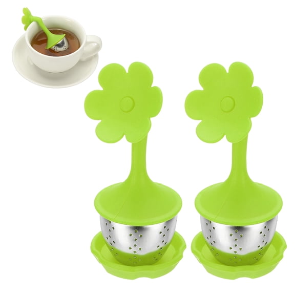 Uxcell 2 Pcs Flower Tea Infuser, Stainless Steel Loose Leaf Tea Steeper Filter with Silicone Handle Reusable Coarse Pores Mesh Strainer Diffuser for Teacups Teapots Mugs, Green