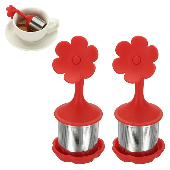 Uxcell 2 Pcs Flower Tea Infuser, Stainless Steel Loose Leaf Tea Steeper Filter with Silicone Handle Reusable Thin Pores Mesh Strainer Diffuser for Teacups Teapots Mugs, Red