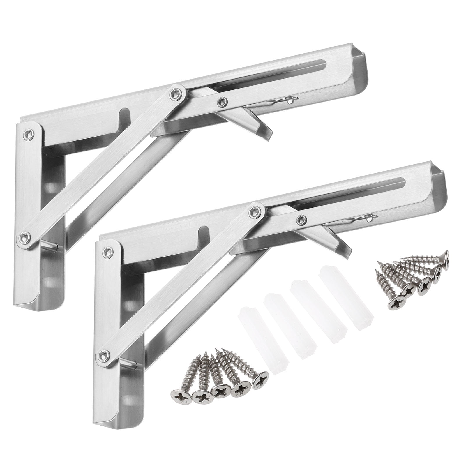 Uxcell 2 Pcs Folding Shelf Brackets, 8 Inch Stainless Steel Collapsible Shelf Bracket, L Shelf Bracket, Silver