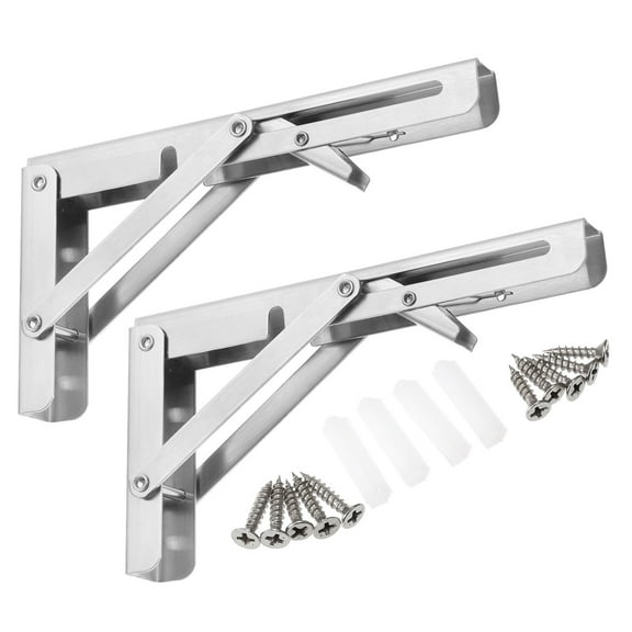 Uxcell 2 Pcs Folding Shelf Brackets, 8 Inch Stainless Steel Collapsible Shelf Bracket, L Shelf Bracket, Silver