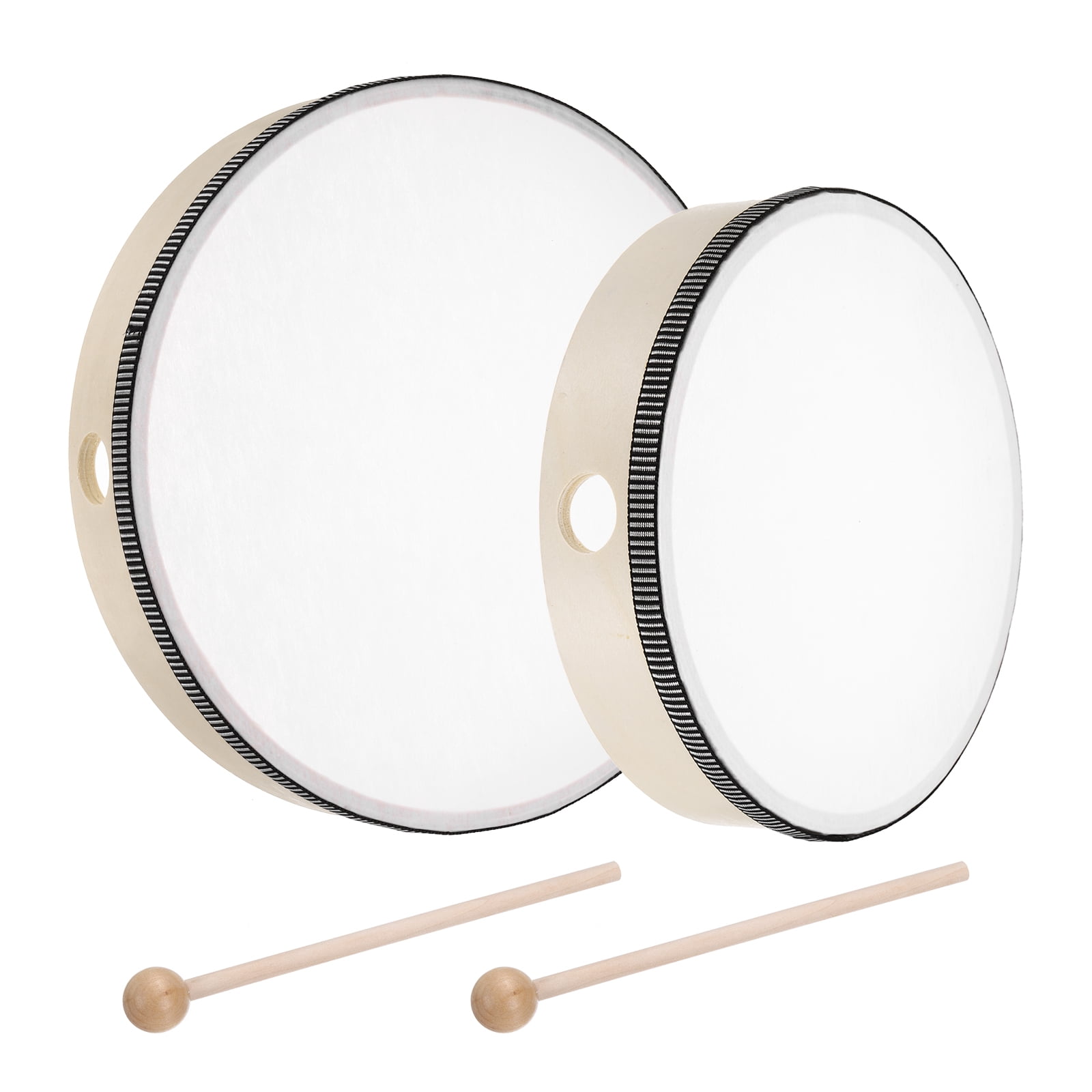 Uxcell 2 Pcs Hand Drum Music Percussion 10 Inch & 8 Inch Wood Frame Drum Set with Drum Stick Musical Instrument for Musical Education Home Party Performance Supplies (Wood Color)