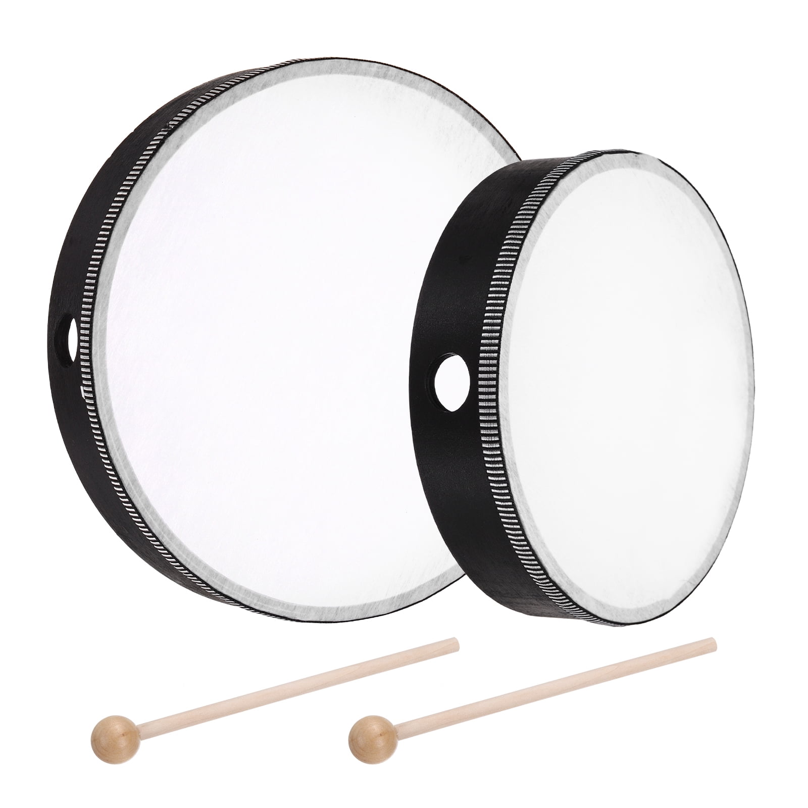 Uxcell 2 Pcs Hand Drum Music Percussion 10 Inch & 8 Inch Wood Frame Drum Set with Drum Stick Musical Instrument for Musical Education Home Party Performance Supplies (Black)