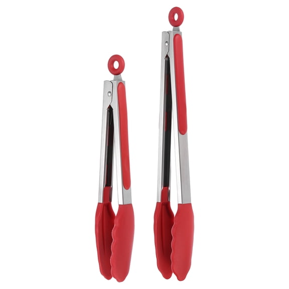 Uxcell 2 Pcs Kitchen Tongs with Silicone Tips, 11/13 Inch Stainless Steel Cooking Tongs Heat Resistant Non-Stick Kitchen Locking Clamp for Grab Food Grilling Steak, Red