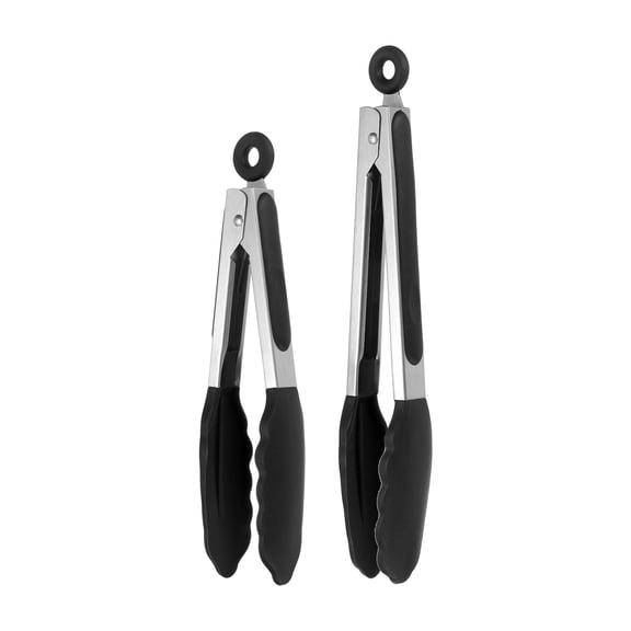 Uxcell 2 Pcs Kitchen Tongs with Silicone Tips, 9/11 Inch Stainless Steel Cooking Tongs Heat Resistant Non-Stick Kitchen Locking Clamp for Grab Food Grilling Steak, Black