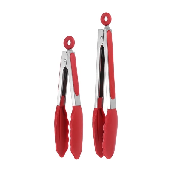 Uxcell 2 Pcs Kitchen Tongs with Silicone Tips, 9/11 Inch Stainless Steel Cooking Tongs Heat Resistant Non-Stick Kitchen Locking Clamp for Grab Food Grilling Steak, Red