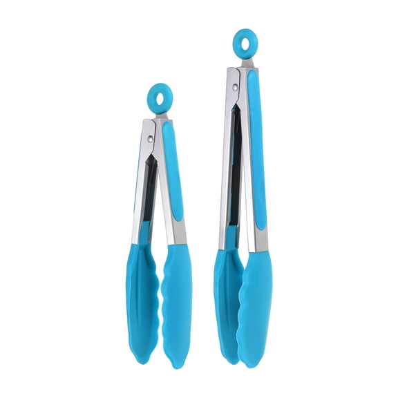 Uxcell 2 Pcs Kitchen Tongs with Silicone Tips, 9/11 Inch Stainless Steel Cooking Tongs Heat Resistant Non-Stick Kitchen Locking Clamp for Grab Food Grilling Steak, Sky Blue