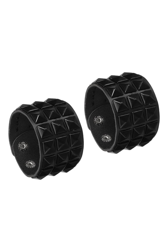 2 Pcs Leather Punk Bracelet 8.7"/22cm Layered Row Square Rivets Goth Spike Studded Bracelet Adjustable Wristband Cuff Bangle for Halloween Emo Grunge Accessories, Black