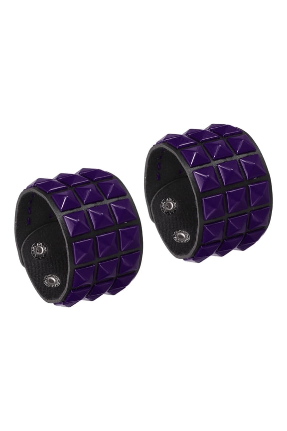 2 Pcs Leather Punk Bracelet 8.7"/22cm Layered Row Square Rivets Goth Spike Studded Bracelet Adjustable Wristband Cuff Bangle for Halloween Emo Grunge Accessories, Purple(Black)