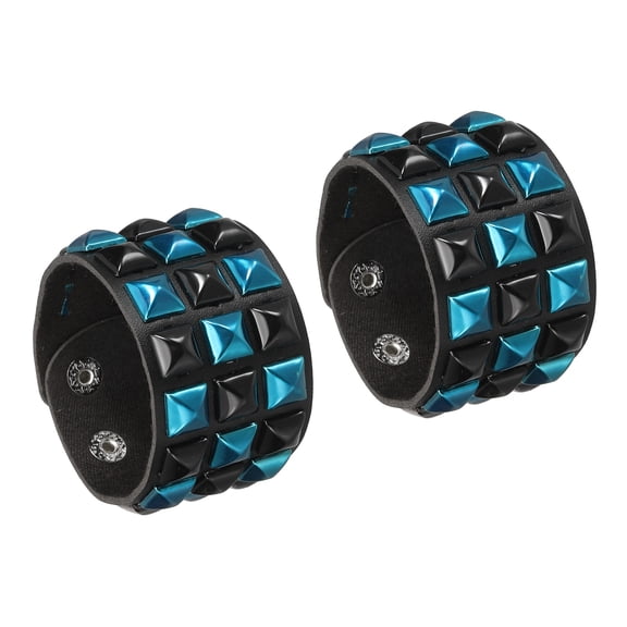 Uxcell 2 Pcs Leather Punk Bracelet 8.7"/22cm Layered Row Square Rivets Goth Spike Studded Bracelet Adjustable Wristband Cuff Bangle for Halloween Emo Grunge Accessories, Black Dark Blue