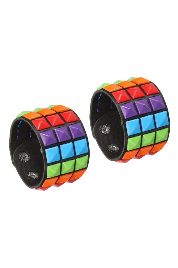 2 Pcs Leather Punk Bracelet 8.7"/22cm Layered Row Square Rivets Goth Spike Studded Bracelet Adjustable Wristband Cuff Bangle for Halloween Emo Grunge Accessories, 5 Colors