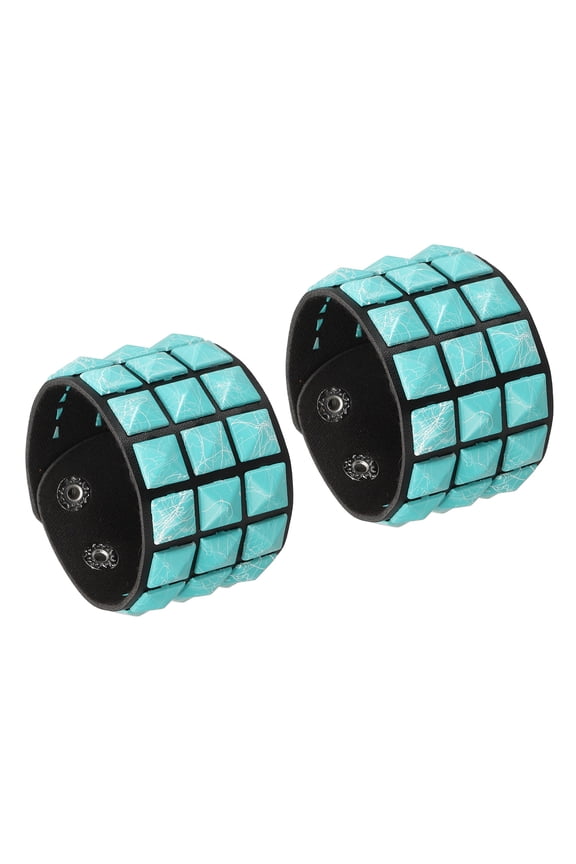 2 Pcs Leather Punk Bracelet 8.7"/22cm Layered Row Square Rivets Goth Spike Studded Bracelet Adjustable Wristband Cuff Bangle for Halloween Emo Grunge Accessories, Light Blue(Black)