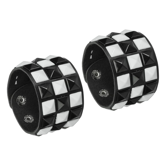 Uxcell 2 Pcs Leather Punk Bracelet 8.7"/22cm Layered Row Square Rivets Goth Spike Studded Bracelet Adjustable Wristband Cuff Bangle for Halloween Emo Grunge Accessories, Black White