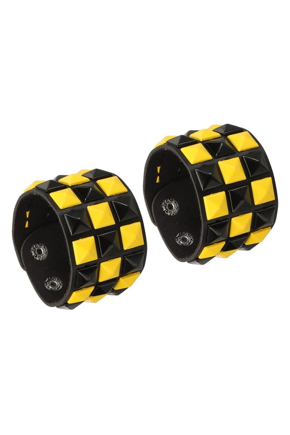 2 Pcs Leather Punk Bracelet 8.7"/22cm Layered Row Square Rivets Goth Spike Studded Bracelet Adjustable Wristband Cuff Bangle for Halloween Emo Grunge Accessories, Black Yellow
