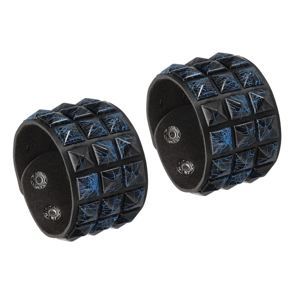 Uxcell 2 Pcs Leather Punk Bracelet 8.7"/22cm Layered Row Square Rivets Goth Spike Studded Bracelet Adjustable Wristband Cuff Bangle for Halloween Emo Grunge Accessories, Mixed Black Blue