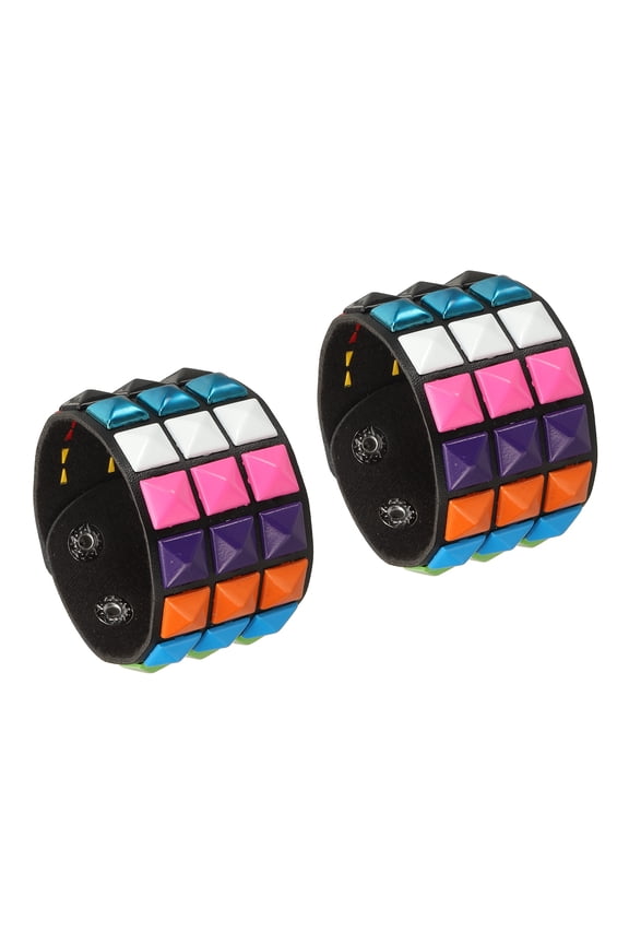 2 Pcs Leather Punk Bracelet 8.7"/22cm Layered Row Square Rivets Goth Spike Studded Bracelet Adjustable Wristband Cuff Bangle for Halloween Emo Grunge Accessories, 10 Colors