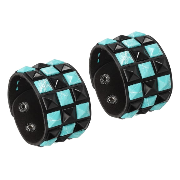 Uxcell 2 Pcs Leather Punk Bracelet 8.7"/22cm Layered Row Square Rivets Goth Spike Studded Bracelet Adjustable Wristband Cuff Bangle for Halloween Emo Grunge Accessories, Black Light Blue