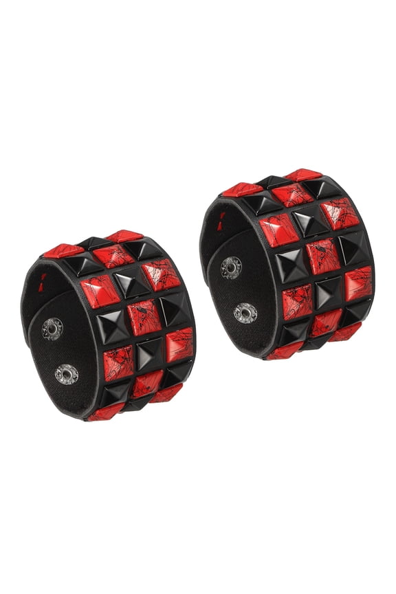 2 Pcs Leather Punk Bracelet 8.7"/22cm Layered Row Square Rivets Goth Spike Studded Bracelet Adjustable Wristband Cuff Bangle for Halloween Emo Grunge Accessories, Dusty Black Red